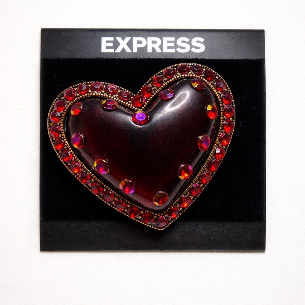 Express Red Rhinestone Heart Brooch‎ Pin – 2” x 2” Statement Jewelry